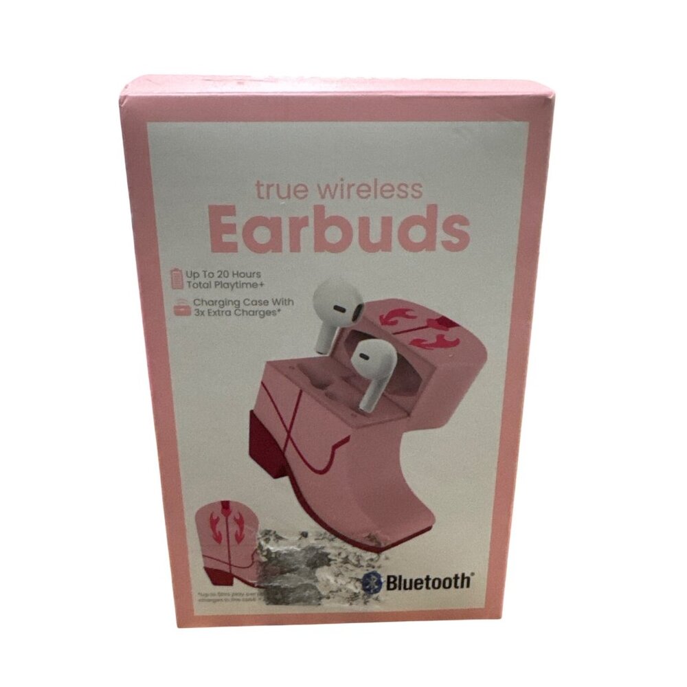 True Wireless Bluetooth Earbuds With Pink Boot-Shaped Charging Case & USB Cable
